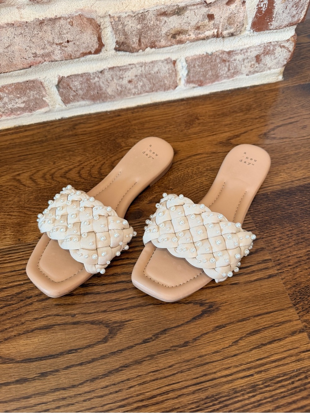 Pearl-Embellished Braided Slide Sandals in Cream